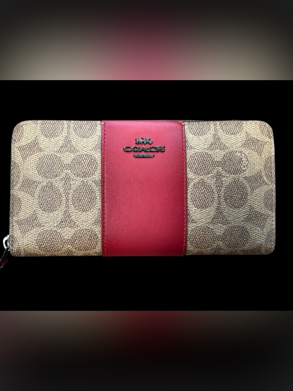 Coach Zip-Around Signature Wallet Tan & Burgundy - Picture 2 of 9